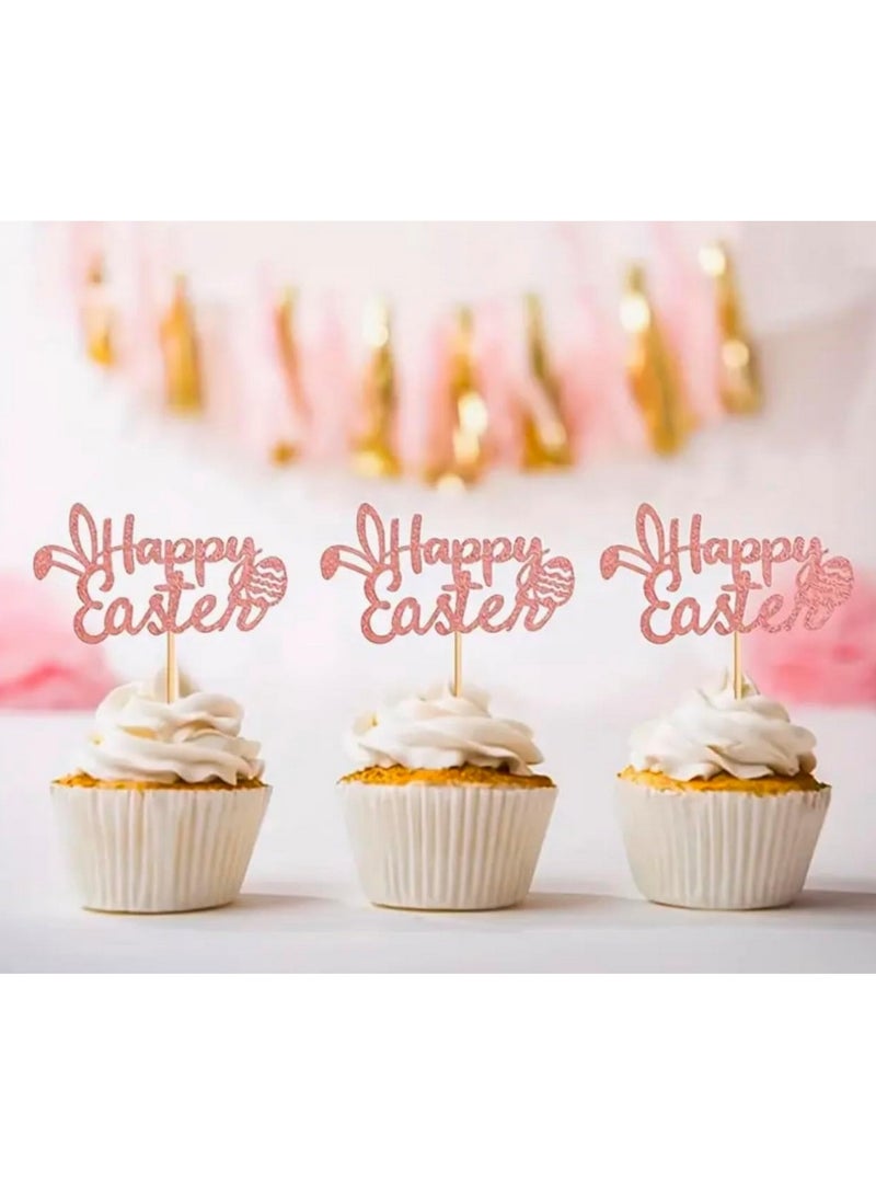 6pcs Happy Easter Cupcake Cake Topper, Rose Gold Glitter Baking Decorating Festive Eastern Bunny Eggs Season Dessert Muffin Celebration Party Supplies Surprise Gift - Image 2